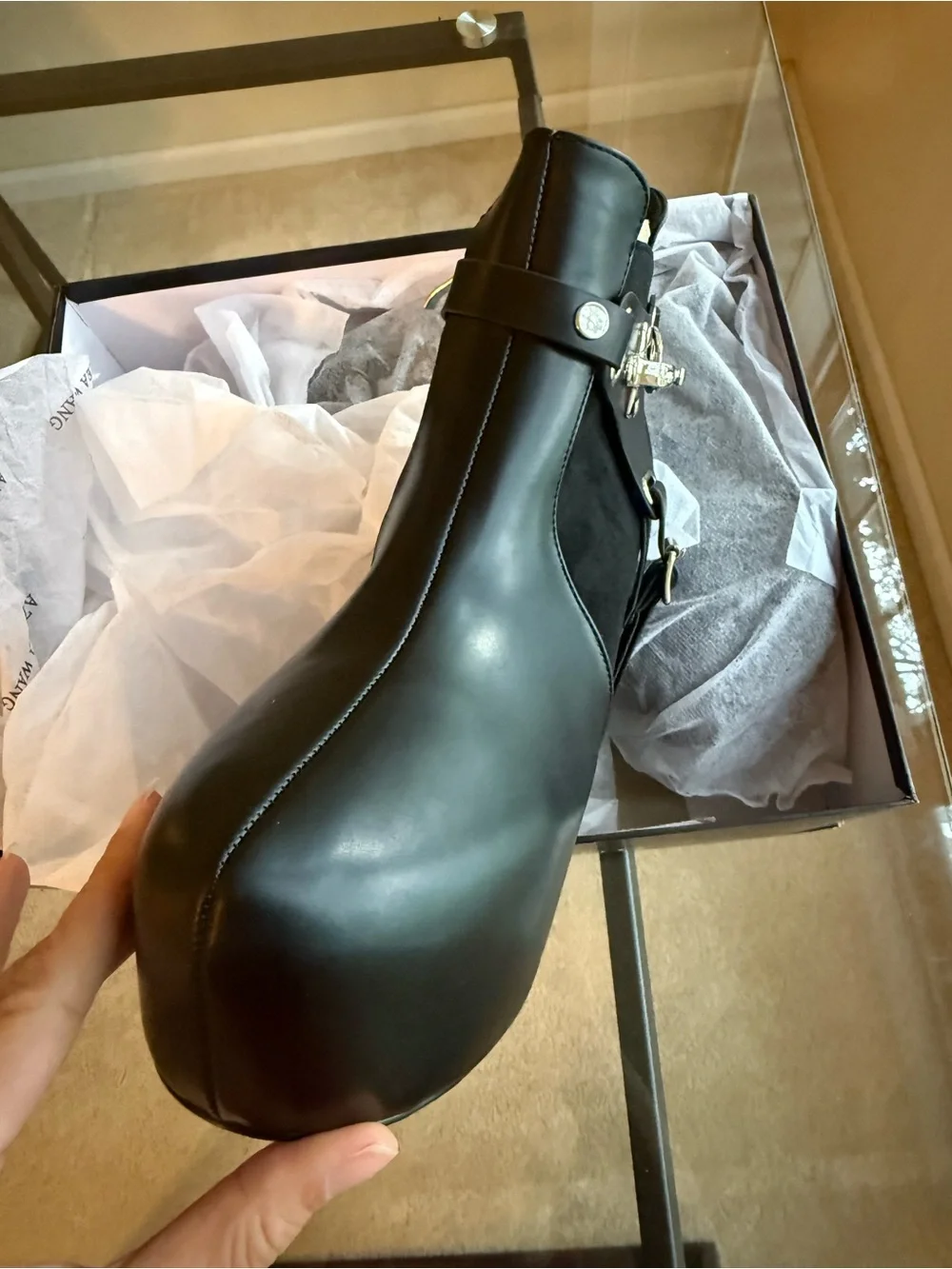 Azalea Wang Black Platform Ankle Boots with Buckle Hardware